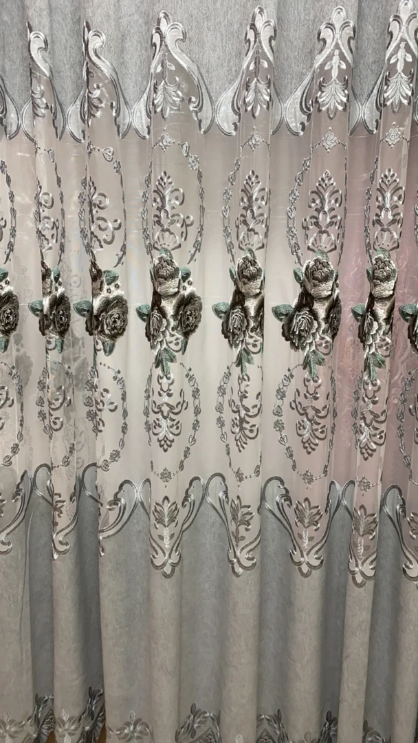 灰色重工刺绣贴纱富贵牡丹花布帘，窗帘批发