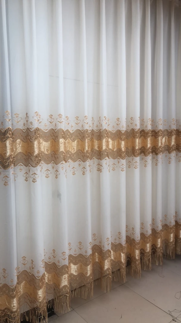 高端重工刺繡紗簾，奶白色，天鹅绒底纱金色绣线，中式风格，纱帘批发