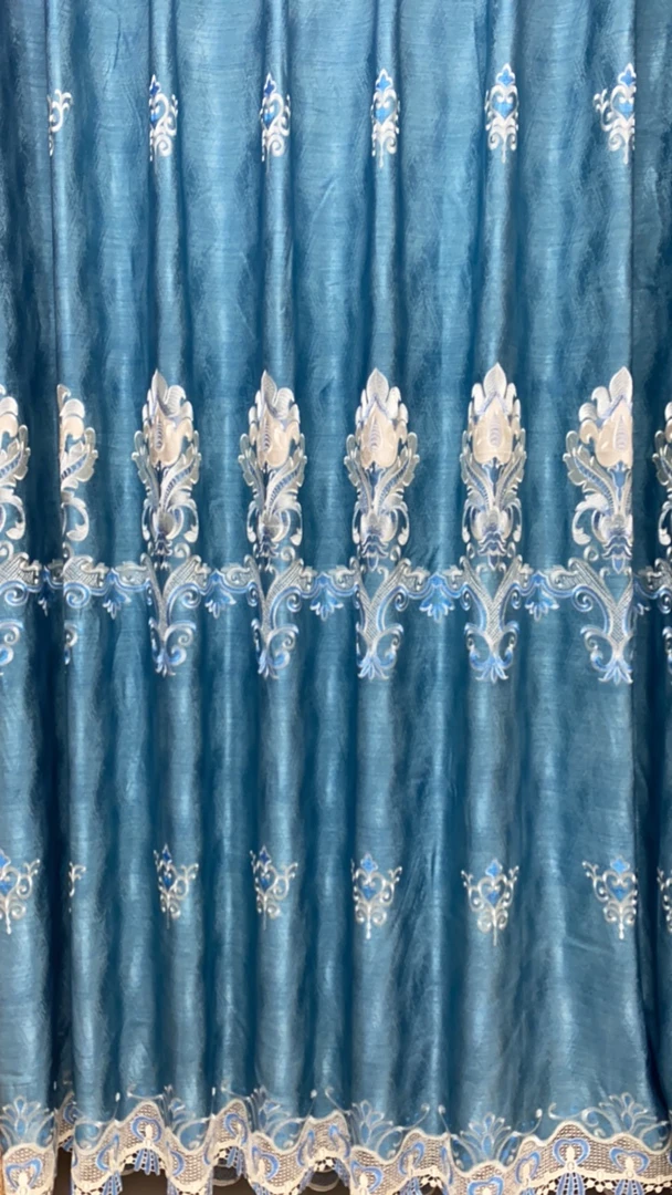 蓝色刺绣窗帘，重工刺绣欧式风格，定制成品窗帘