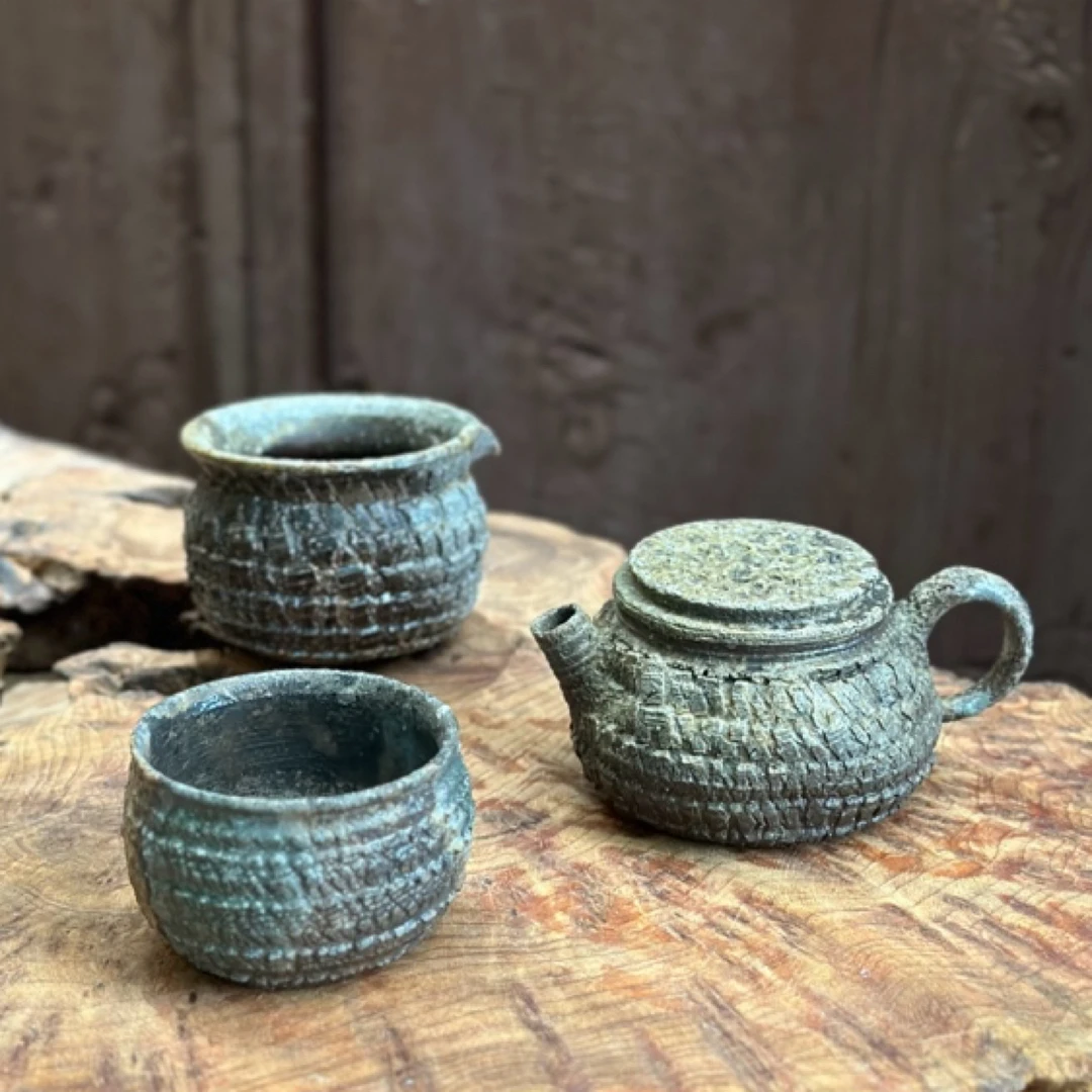 原矿陶泥高温柴烧，爆裂纹机理，窑底作品110ml（三件套价格）