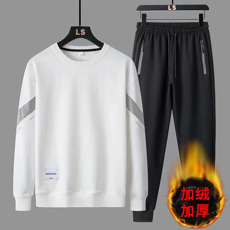 加绒男士潮流加厚时尚帅气长袖卫衣圆领套头百搭上衣加厚束脚长裤