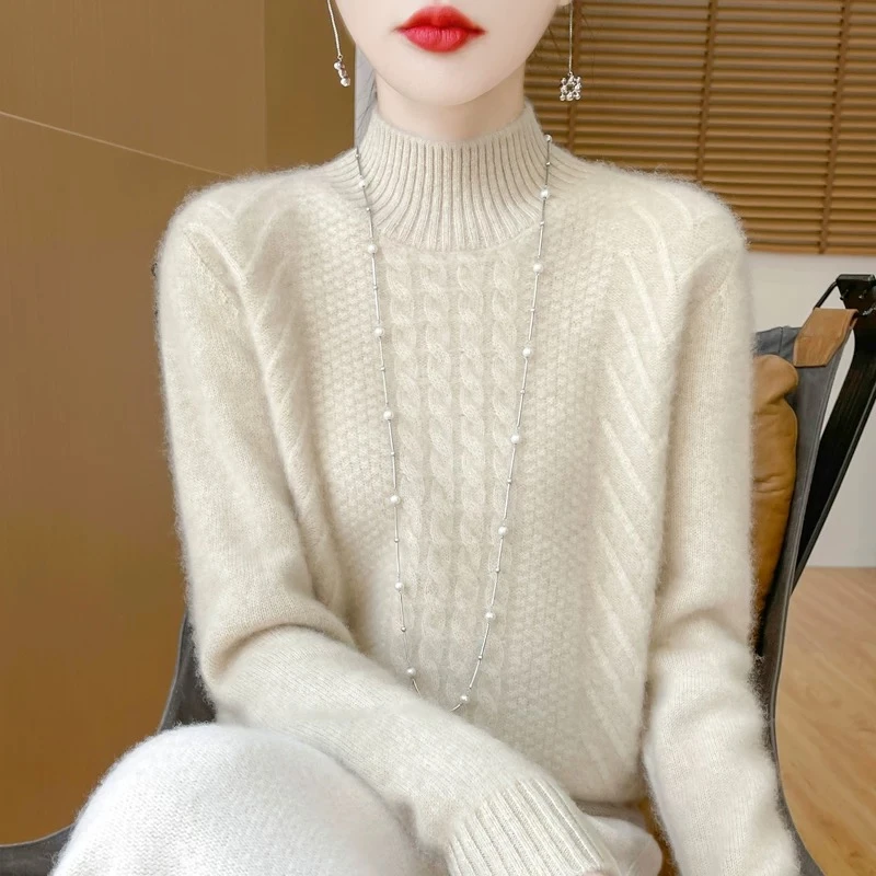 鄂尔多斯市100羊绒衫女半高领宽松加厚款提花针织打底衫时尚毛衣