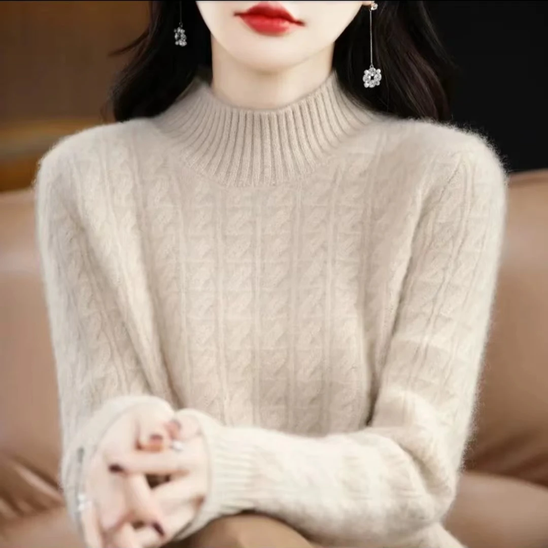 鄂尔多斯市100羊绒衫女半高领宽松加厚冬季针织七针毛衣打底衫