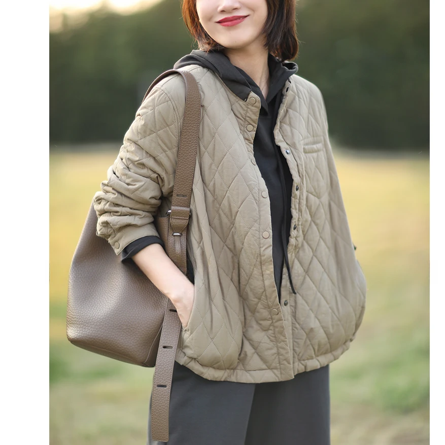 专柜品质 撞色文艺休闲菱形格纹立领保暖棉服外套女宽松加厚秋冬