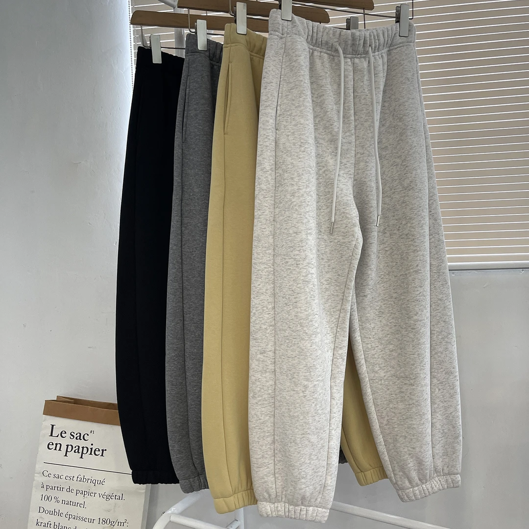 欧货卫裤女新款2024秋冬季加绒灰色显瘦束口松紧腰宽松休闲长裤子