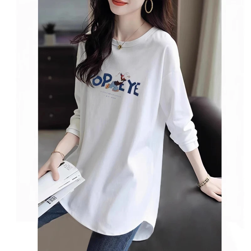 欧货棉质白色长袖t恤春秋女中长款秋宽松休闲加绒内搭打底冬百搭