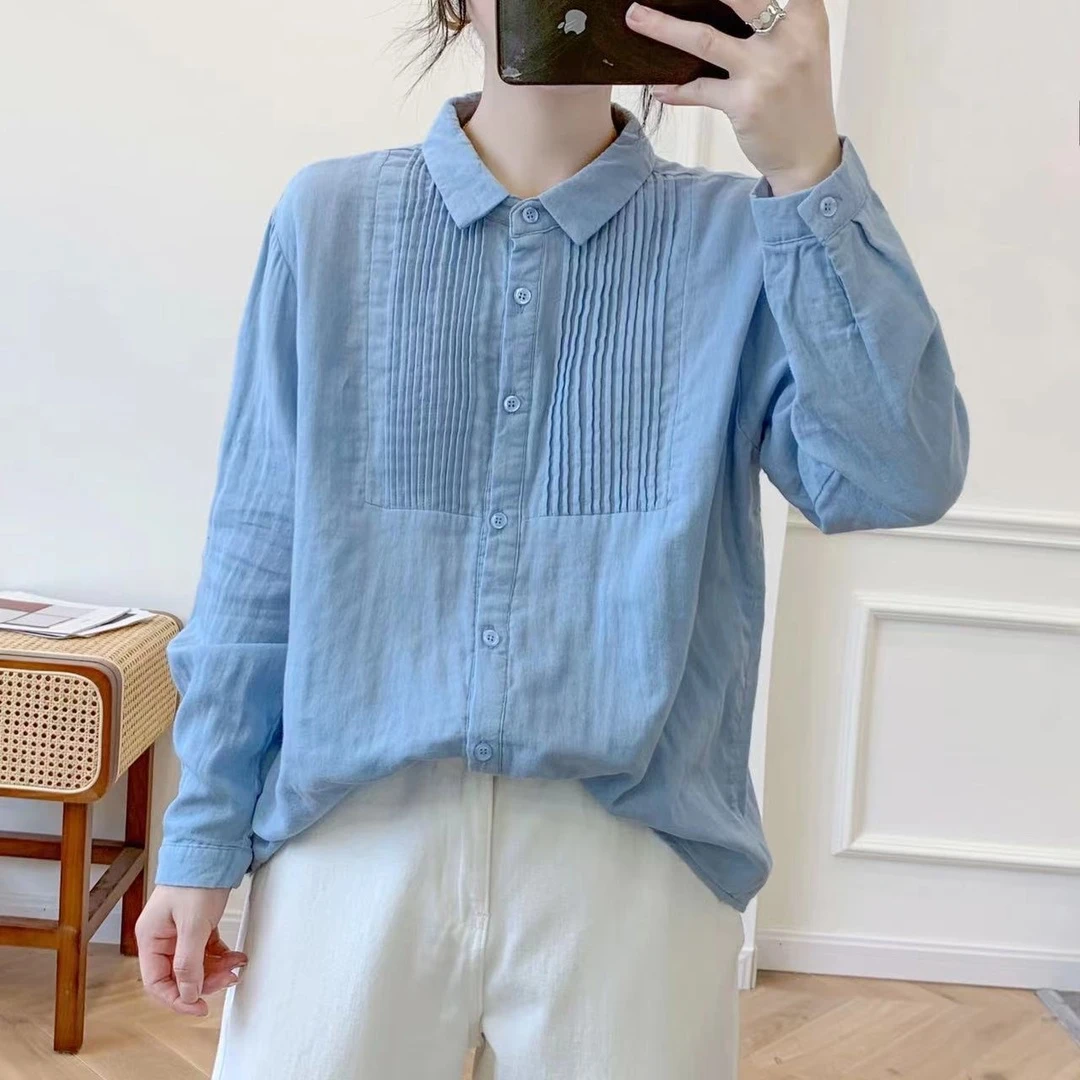 秋季新款双层棉纱女长袖衬衫纯棉衬衣宽松显瘦打底衫外搭上衣外套