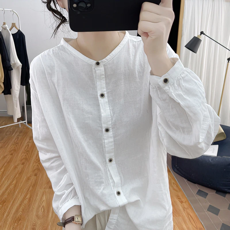 现货已开价~白色小立领纯棉长袖衬衫女春宽松休闲上衣打底衫衬衣