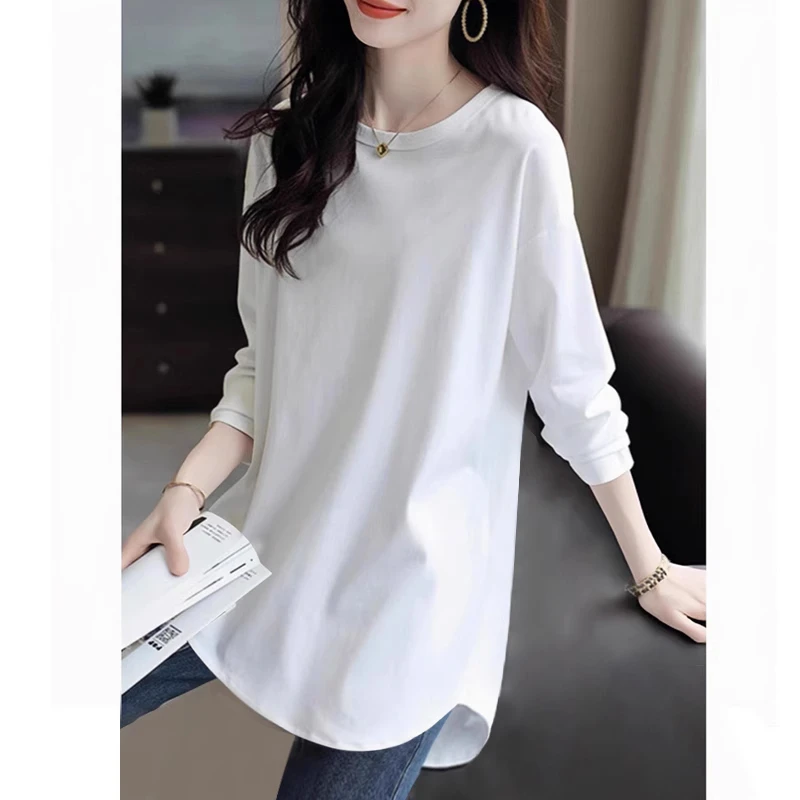 高品质~棉质白色长袖t恤女中长春秋冬宽松休闲加绒内搭洋气衣服女