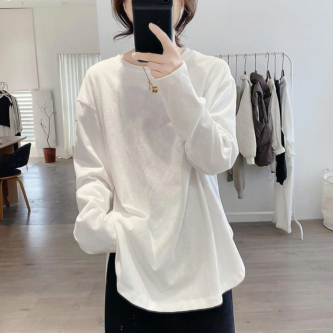 加厚保暖纯棉t恤女秋冬加绒白t内搭中长款打底衫长袖上衣叠穿卫衣