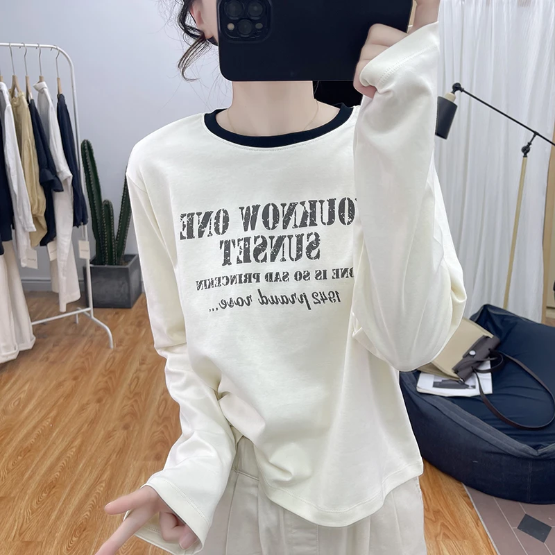 秋冬港风短款时尚字母印花拼色长袖T恤女上衣2024新款纯棉打底衫