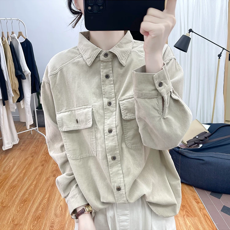 正版 大码灯芯绒长袖衬衫女上衣2024新款polo领宽松衬衣秋冬潮