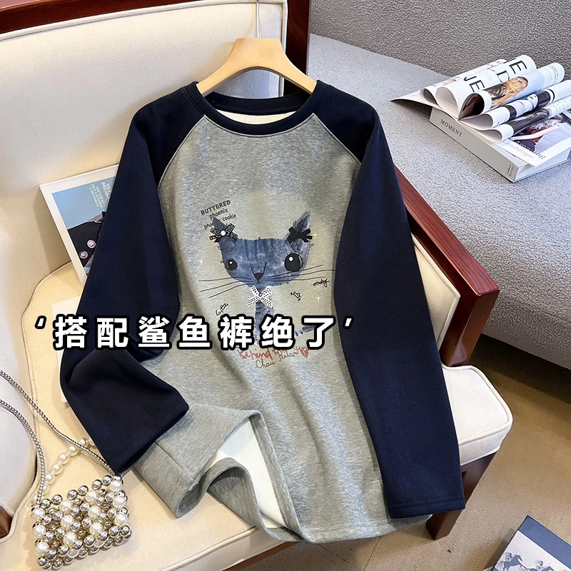卡通猫咪撞色插肩袖卫衣女T恤秋冬遮屁股加绒宽松上衣搭配鲨鱼裤