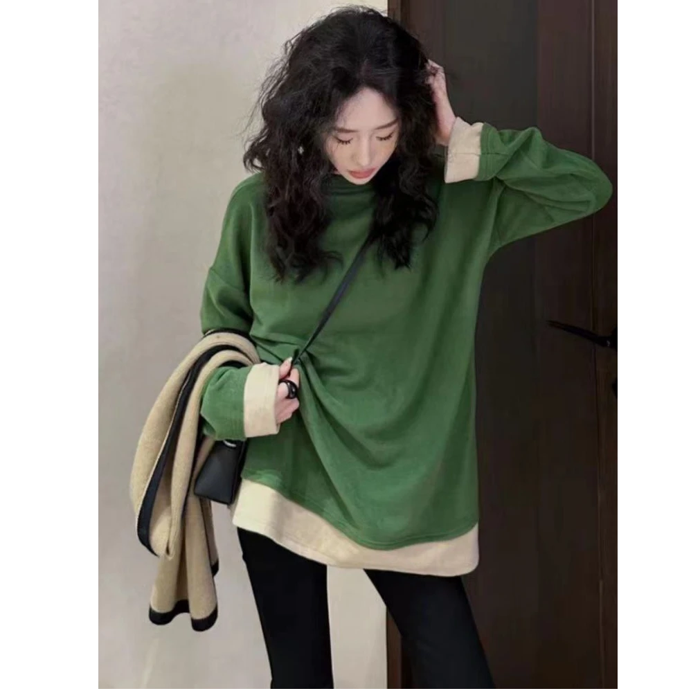 秋冬保暖必备 假两件德绒T恤女中长款加厚款打底衫时尚设计感上衣