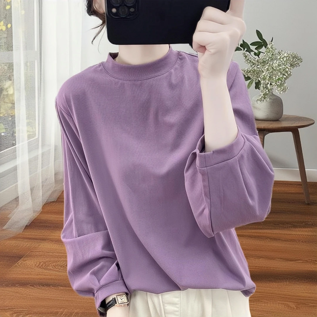 高品质~秋装休闲内搭半高领长袖T恤女打底衫百搭宽松上衣白色卫衣