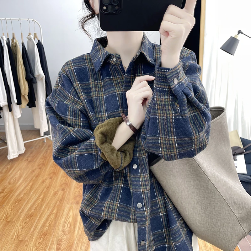 专柜品质 冬装加绒格子衬衫女宽松上衣2024复古翻领加厚保暖衬衣