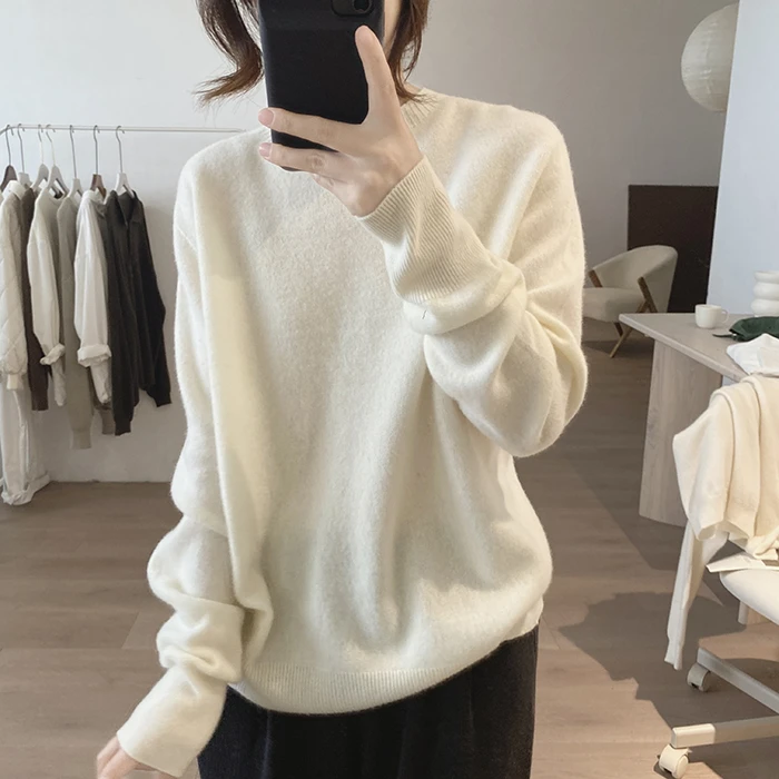 秋冬打底必备 100%绵羊毛圆领毛衣女秋冬新款宽松套头减龄针织衫