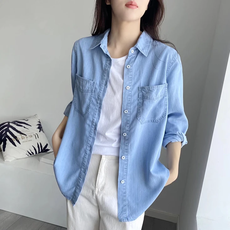 莱赛尔天丝牛仔长袖衬衫女春秋新款宽松上衣显瘦衬衣叠穿薄外套潮