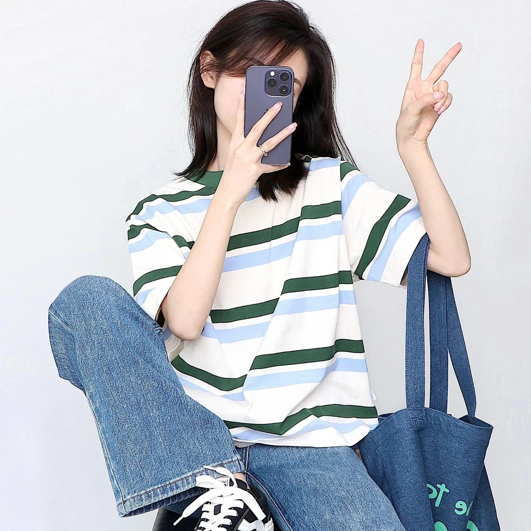 清货 大码女装胖mm 休闲条纹正肩纯棉短袖t恤女夏季宽松遮肉上衣