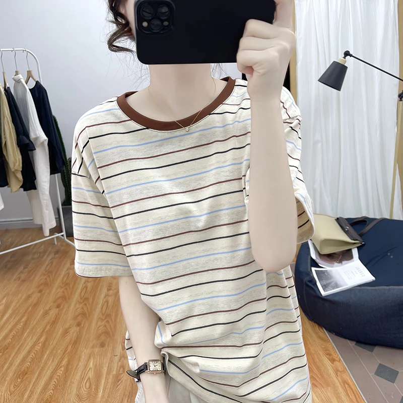 【高品质】韩国精棉条纹短袖T恤女圆领宽松拼色上衣减龄显瘦体恤衫