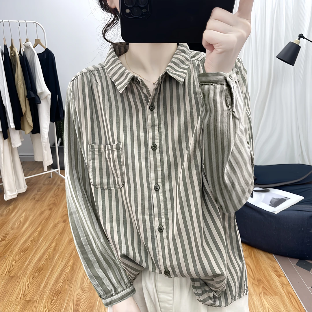 早春复古polo领松条纹百搭衬衫女上衣2025秋新款长袖内搭衬衣纯棉