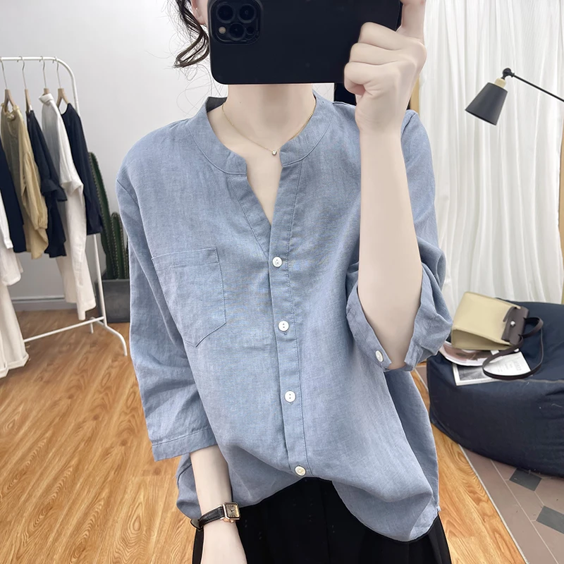 V领亚麻短袖衬衫女2025春夏韩宽松减龄上衣纯色棉麻显瘦半袖衬衣