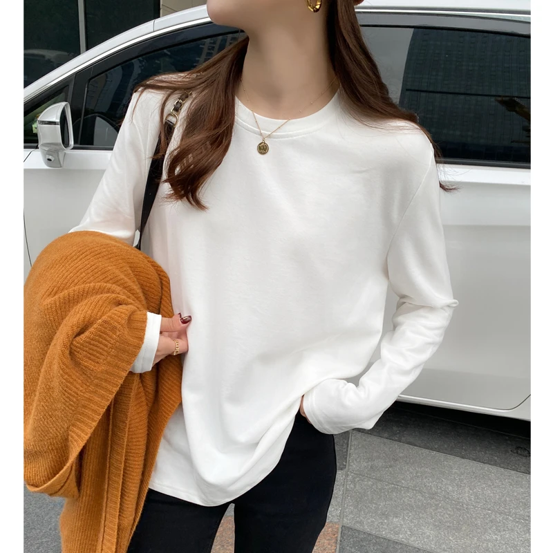 高品质~纯色t恤95%棉打底衫女内搭秋冬休闲上衣宽松简约长袖潮款