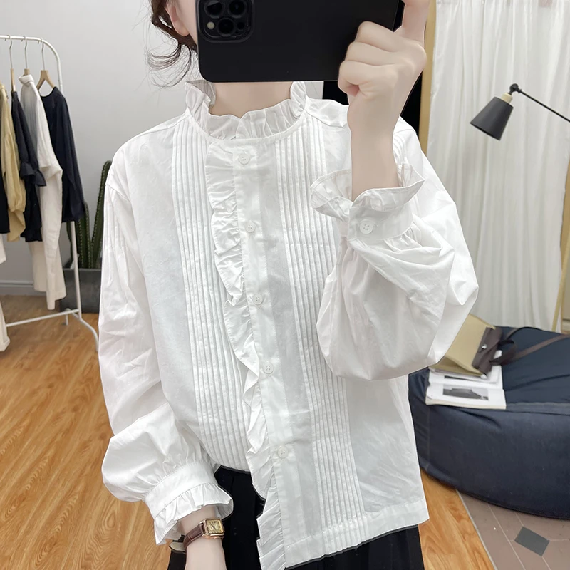 100%棉！设计感纯棉荷叶领长袖衬衫女褶皱上衣2024秋装荷叶袖衬衣