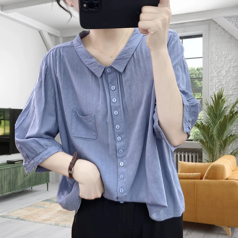 【实物拍摄】清凉夏季薄款短袖衬衫女宽松上衣显瘦棉质衬衣防晒衫潮