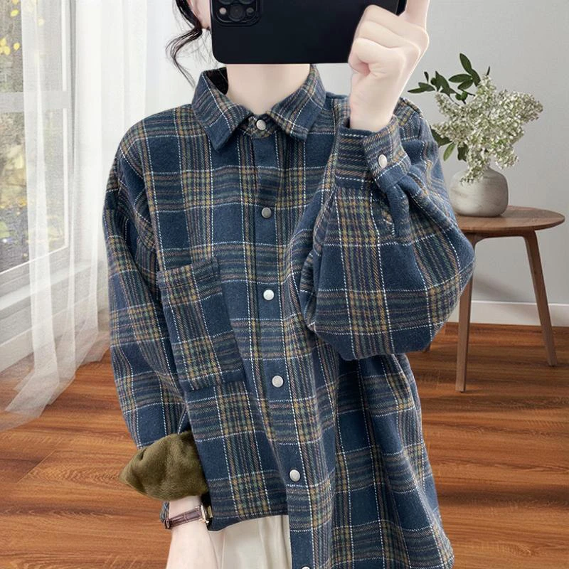 高品质~精品加绒格衬衫女冬宽松上衣内搭翻领加厚保暖衬衣打底衫