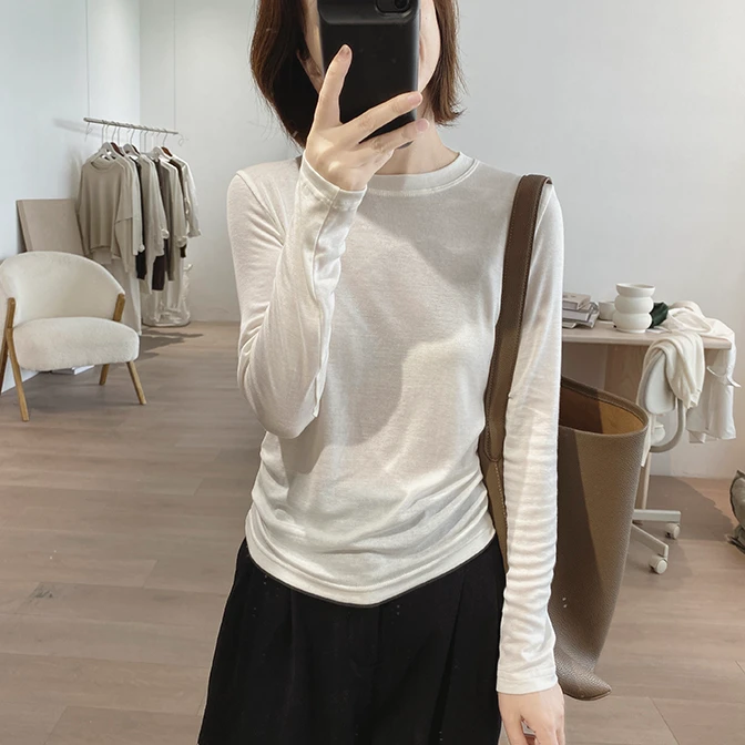 欧货白色t恤女士长袖春秋冬新款正肩收腰显瘦内搭短款上衣打底衫