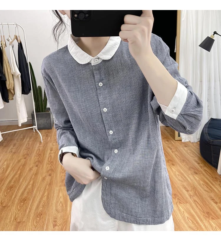 高品质~韩国小格子纯棉长袖衬衫女春装宽松拼色上衣复古显瘦衬衣