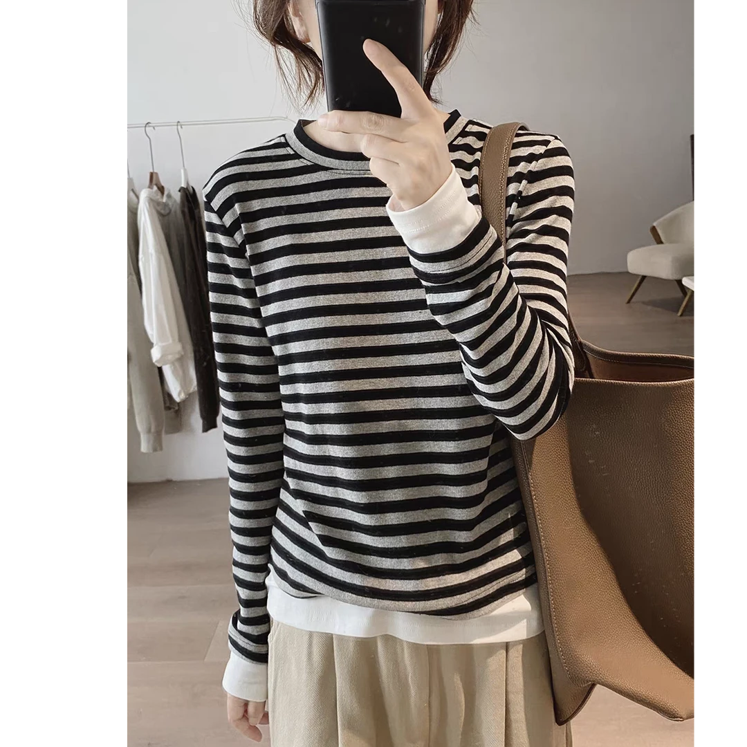 棉质t恤女式秋冬新款宽松显瘦简约圆领条纹拼接上衣减龄打底衫潮