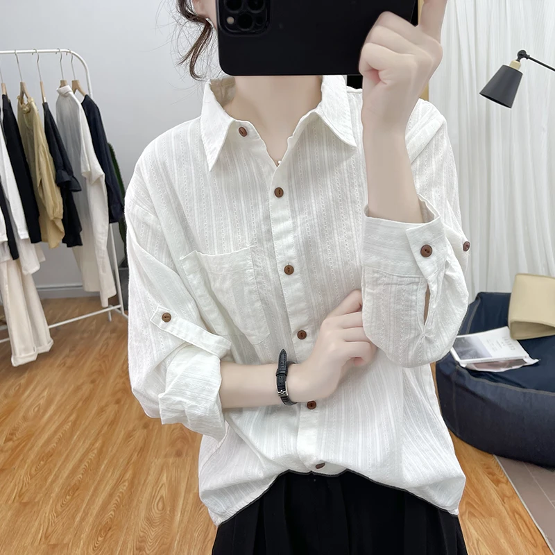 韩版~宽松纯棉休闲条纹长袖衬衫女装春装上衣显瘦打底衫衬衣潮款