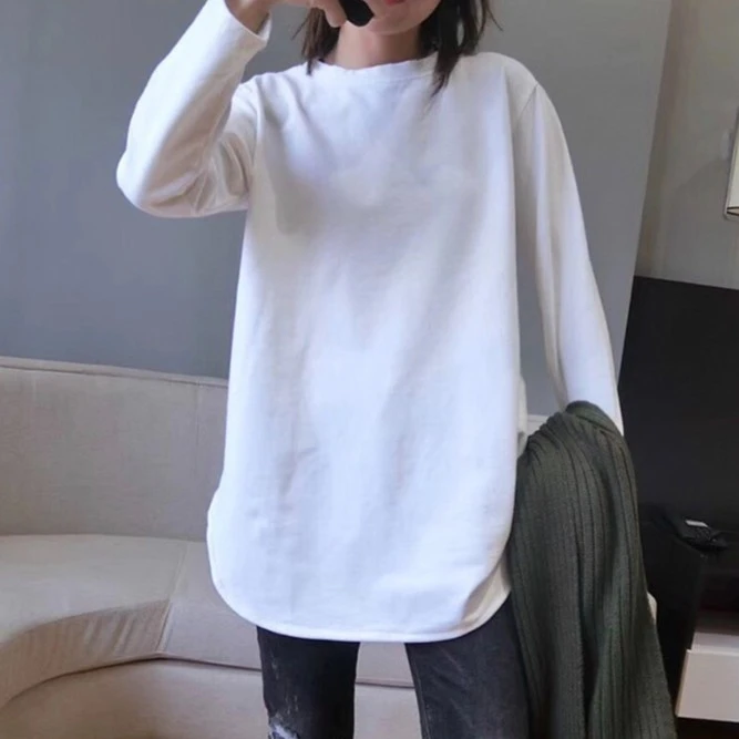高品质~纯棉保暖加绒秋冬女中长款宽松打底衫长袖白T恤内搭上衣服
