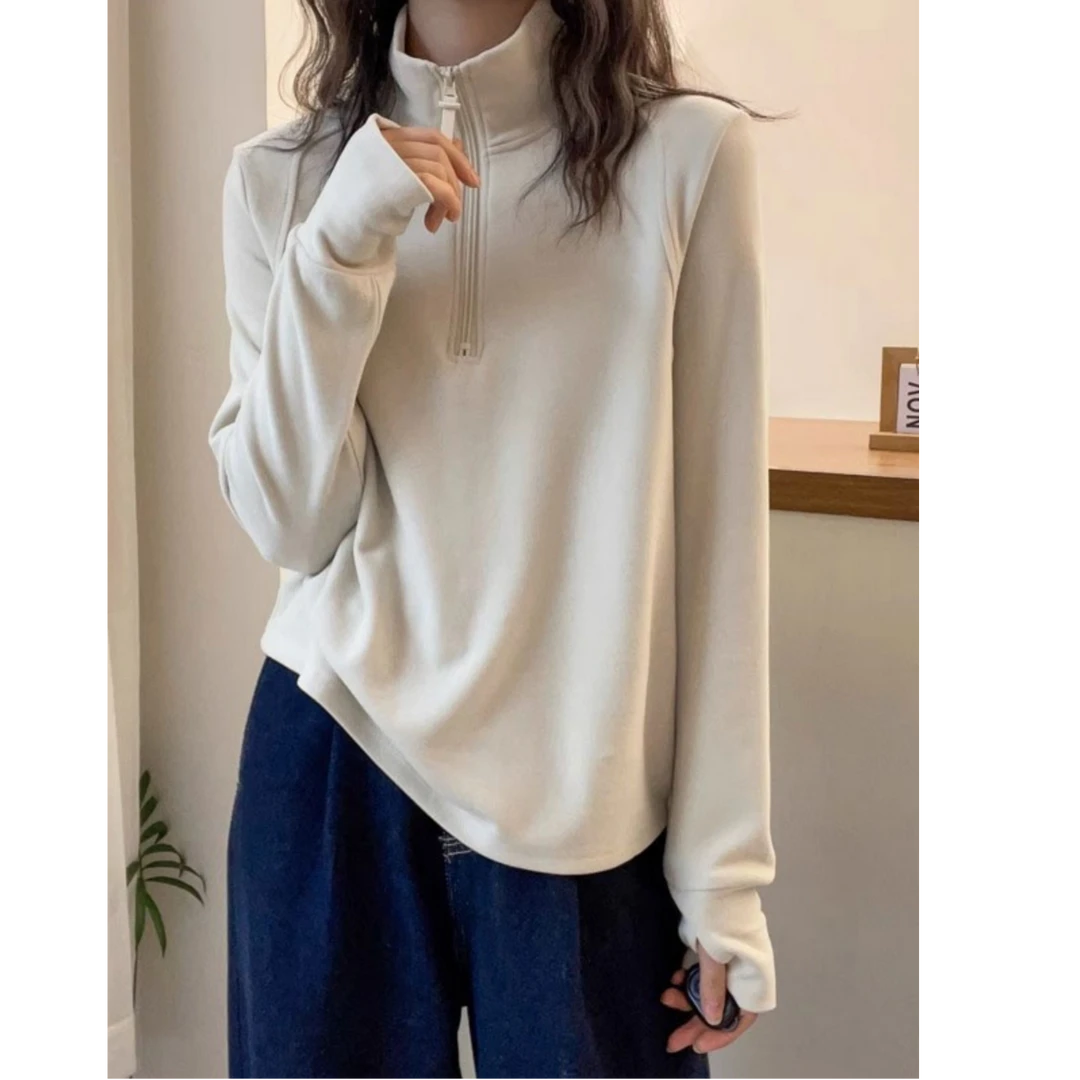保暖拉链高领德绒打底衫女2025秋冬新款欧货厚卫衣内搭上衣潮T恤