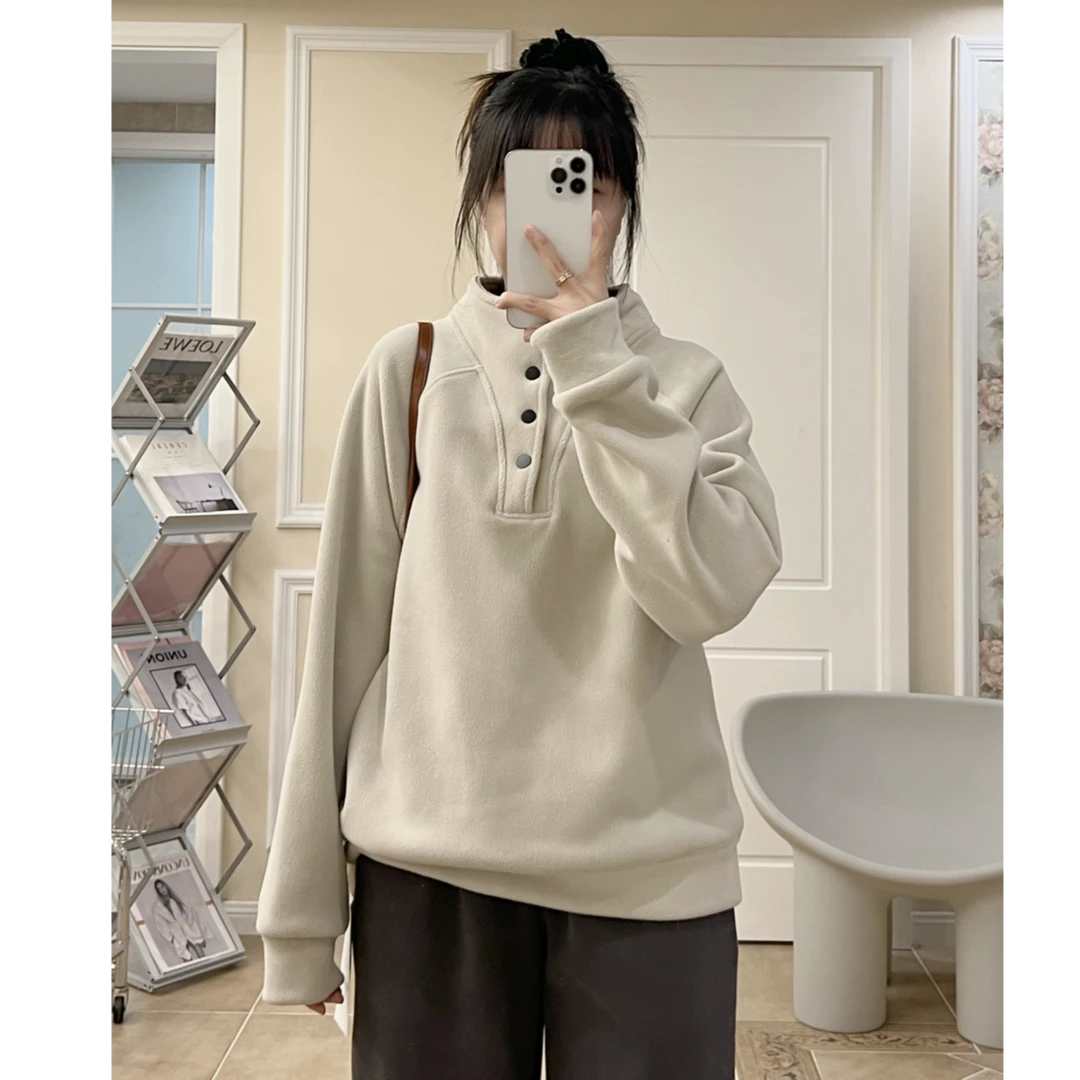 奥粒绒半高领按扣卫衣女秋冬百搭宽松休闲加厚温暖插肩袖打底上衣
