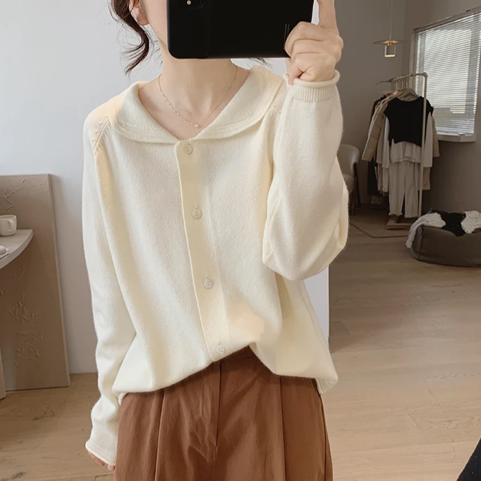 娃娃领针织衫外套女春秋冬新款宽松显瘦减龄插肩袖小清新毛衣开衫