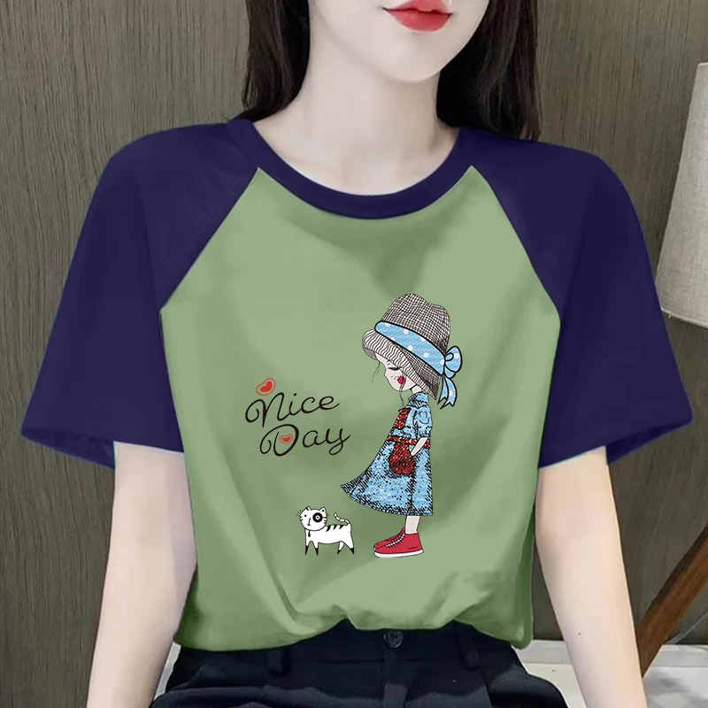 拼色纯棉插肩短袖t恤女夏季新款撞色圆领体恤宽松别致绝美上衣潮