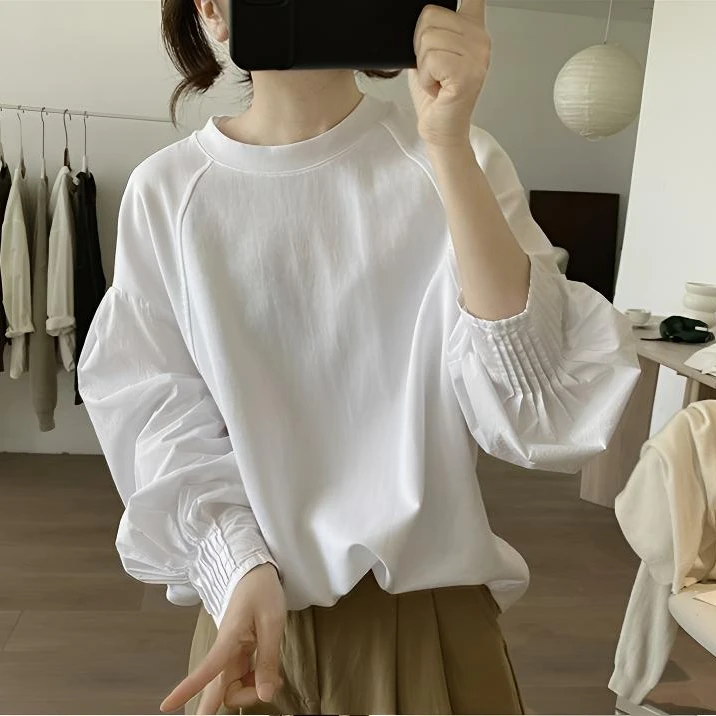 欧洲站2025早春新款灯笼袖拼接棉质长袖T恤女休闲设计上衣打底衫