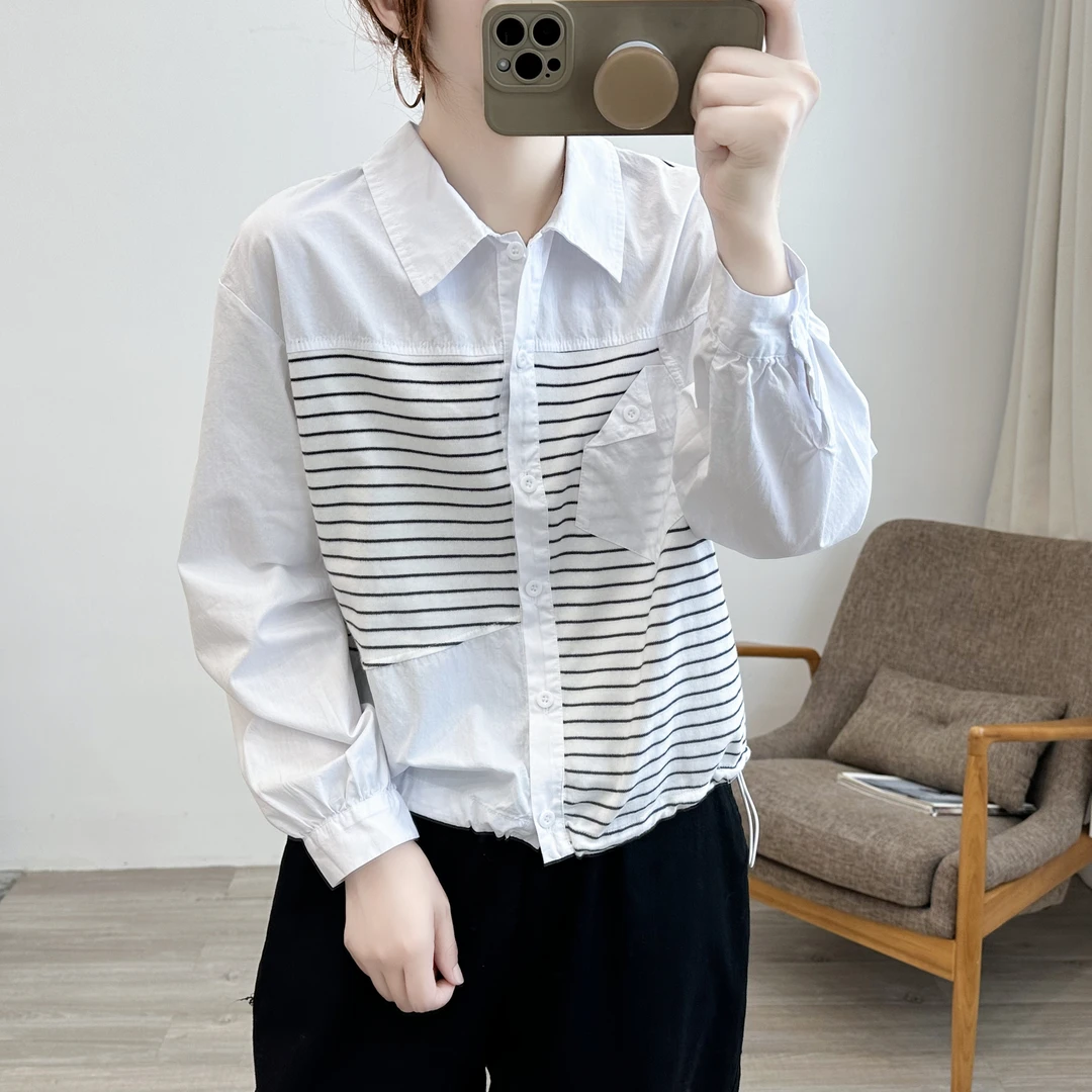 polo领纯棉衬衫T恤女秋季2024新款爆款抽绳宽松条纹拼接衬衫上衣