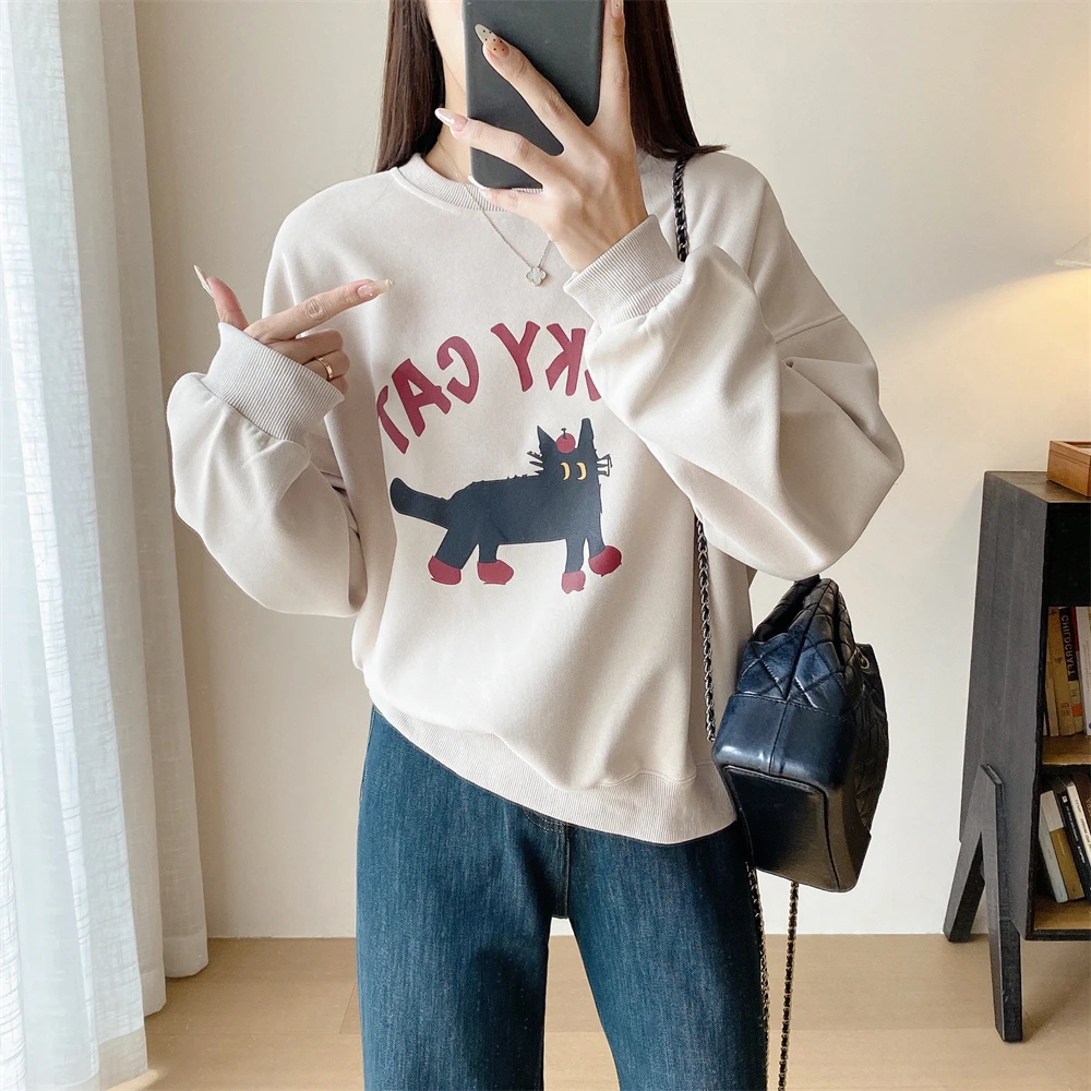 随性慵懒风~小众设计感印花女士卫衣宽松显瘦套头圆领上衣女秋冬