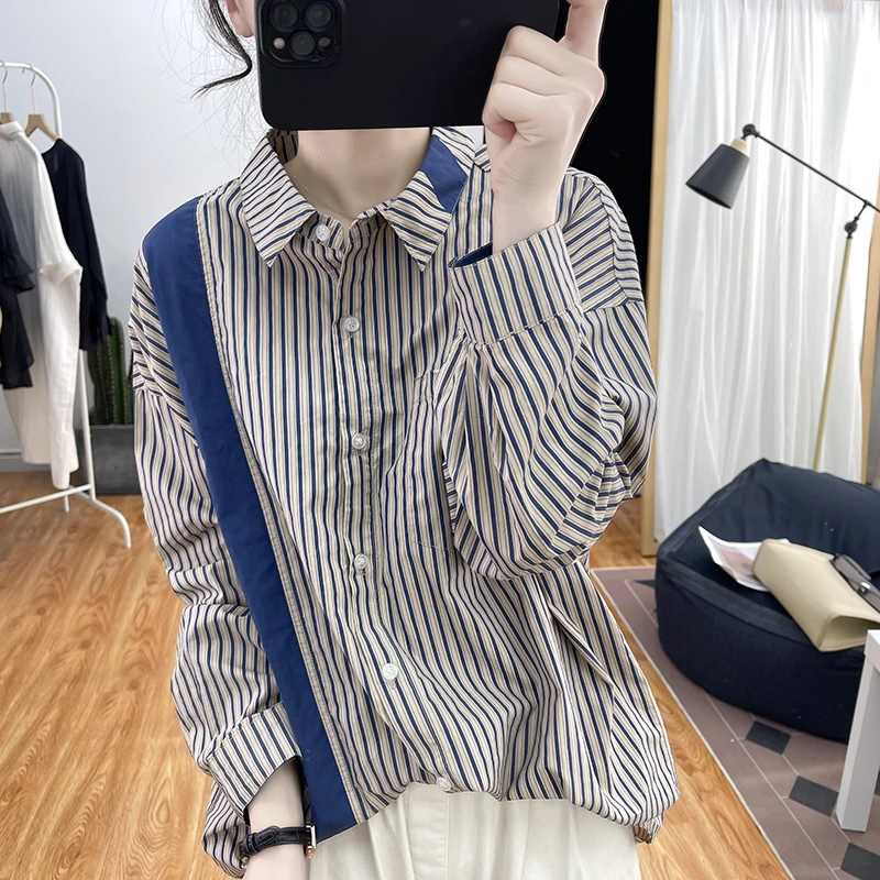 纯棉条纹宽松长袖衬衫女2024秋季韩版减龄上衣复古显瘦打底衫衬衣
