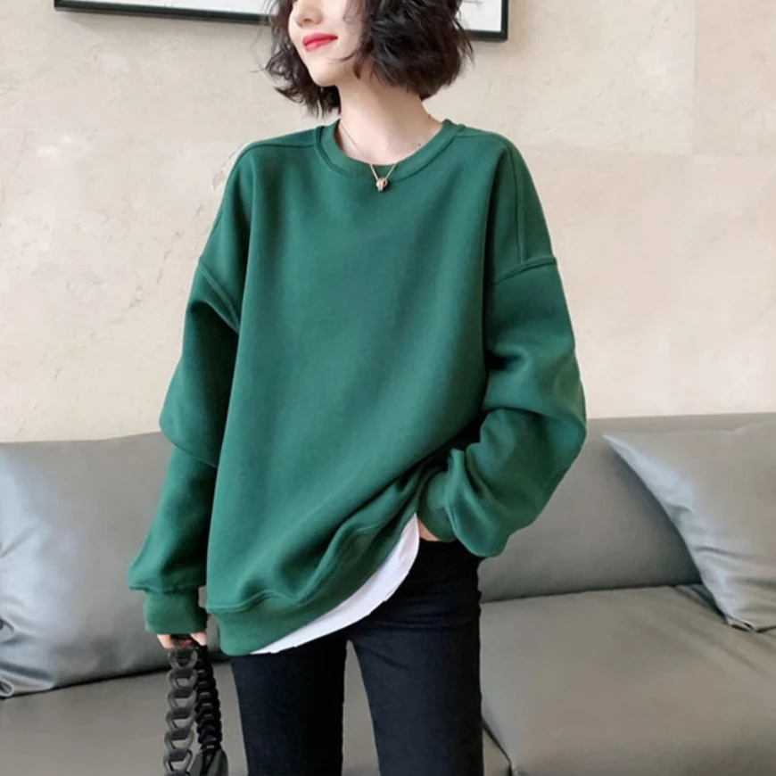 假两件卫衣女秋冬新款洋气减龄大码宽松休闲拼色圆领套头休闲上衣