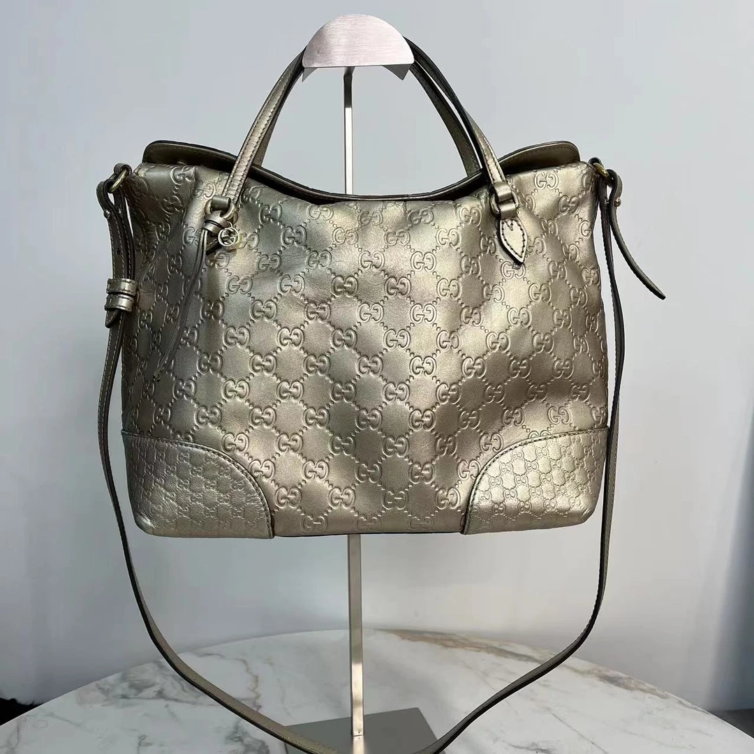 95新 GUCCI/古驰 七言/古驰淡金色托特单肩包/95新压花经典中号