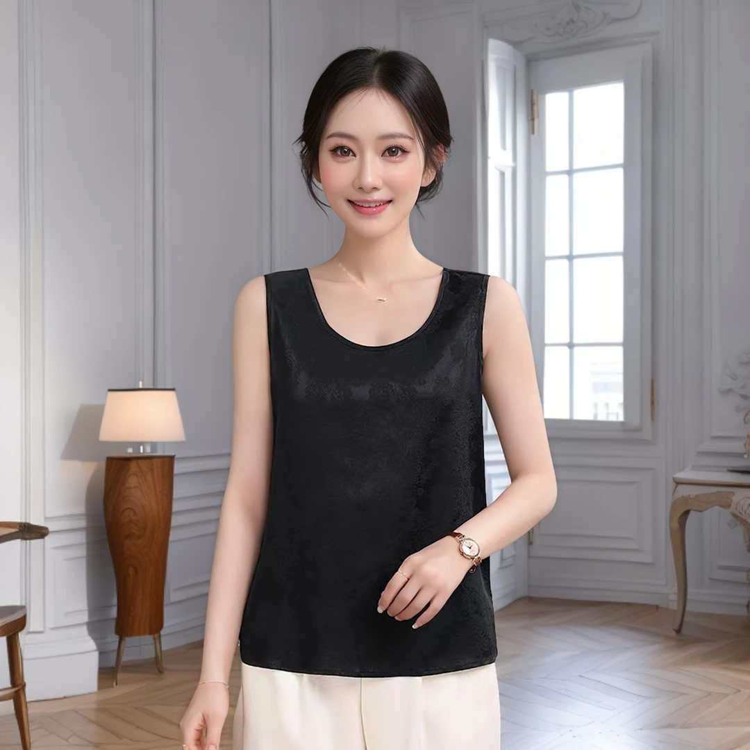 【1118】豪蓉桑蚕丝弹力缎提花花萝女士圆领中国风无袖背心吊带两色