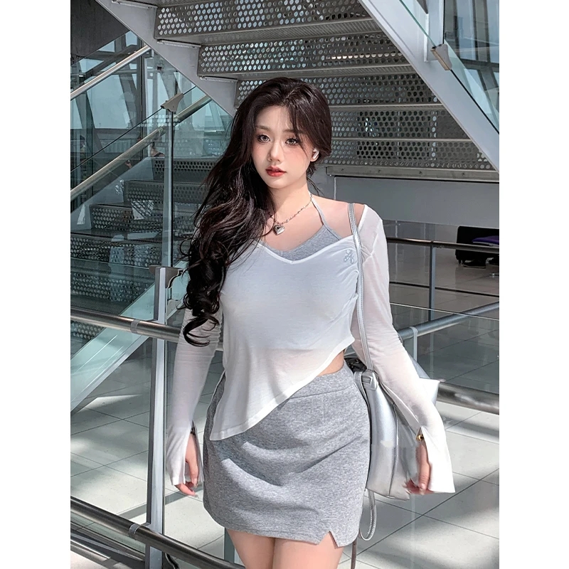 圆大敏【现货】「清透女孩」休闲套装挂脖背心半身裙夏季微胖mm9261