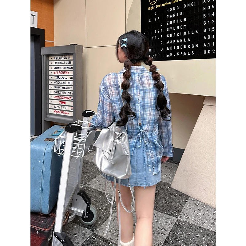 圆大敏【现货】「海盐拿铁」薄款格子衬衫牛仔半裙套装夏季微胖mm2365