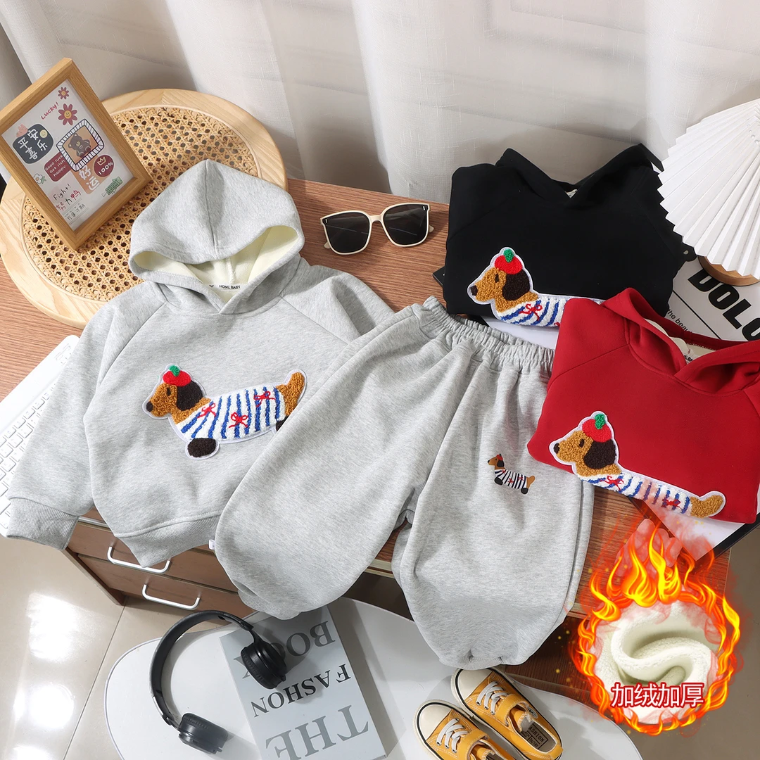 儿童冬季加绒卫衣2件套潮流加厚2024保暖韩系外穿连帽休闲运动
