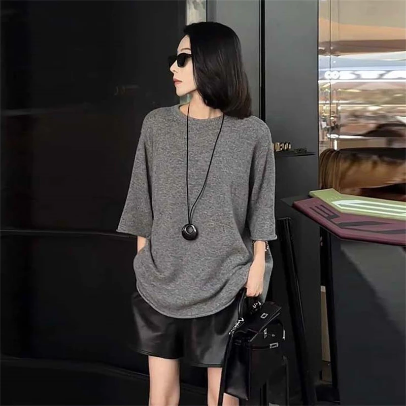 春季韩系简约七分袖圆领针织衫女2025年高级感今年流行百搭上衣潮